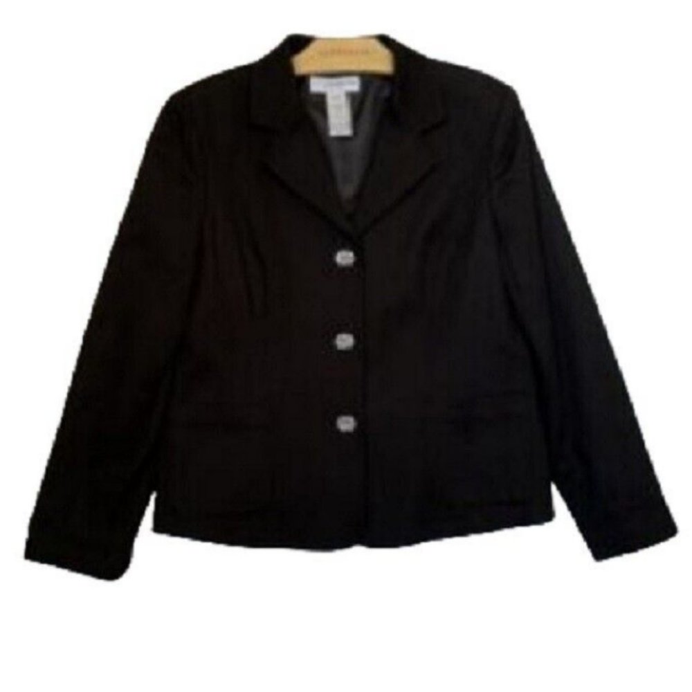 Sag Harbor Size 12 Stretch Black Blazer Jacket Padded Shoulder Flower Buttons